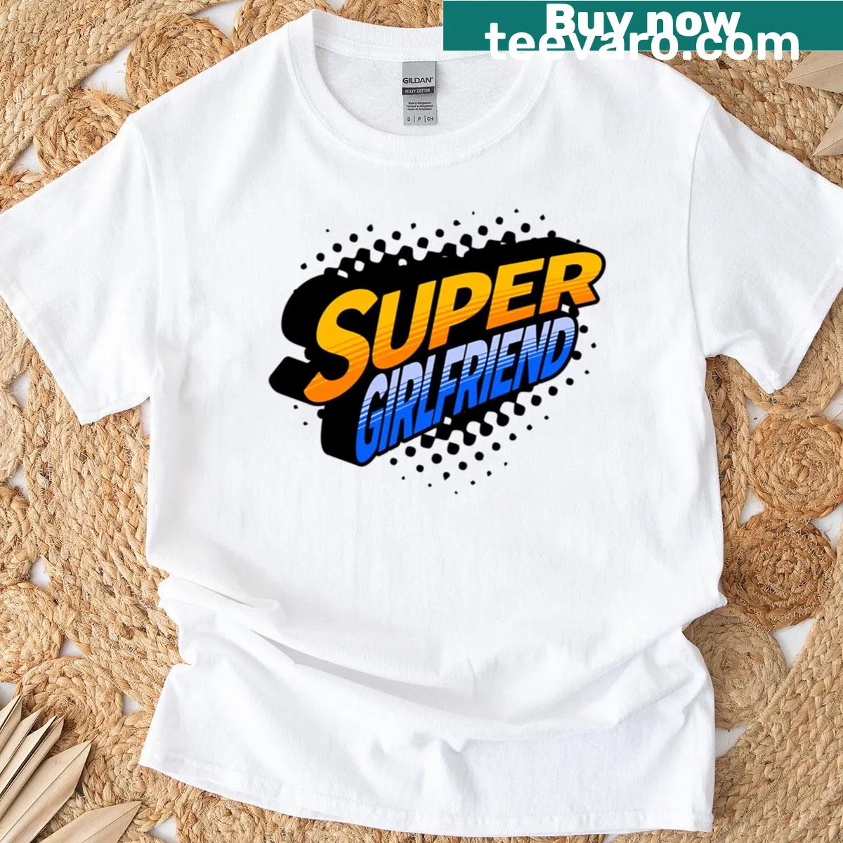 Couples T-shirt with 'Super Girlfriend' text design — on a men's t-shirt