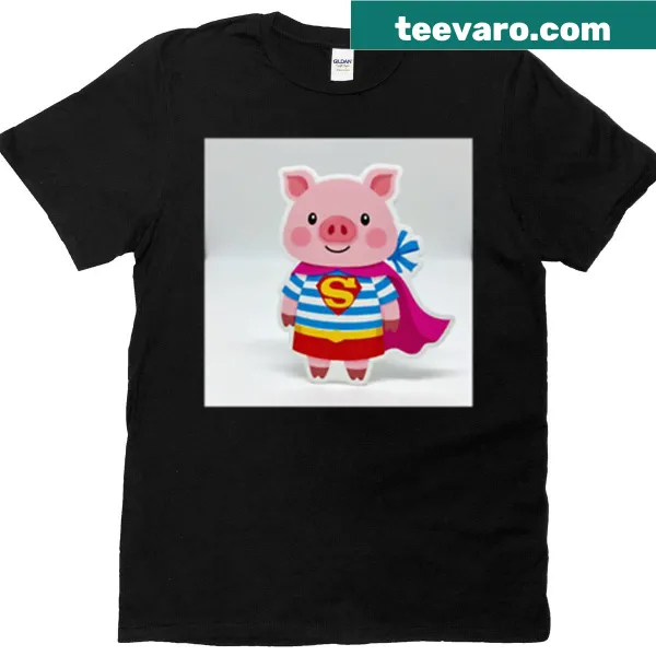 Superhero pig sticker graphic on a t-shirt
