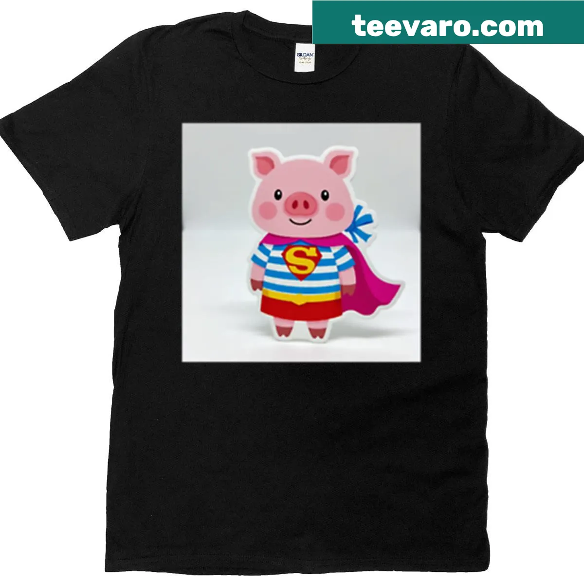 Superhero pig sticker graphic on a t-shirt — on a men's t-shirt