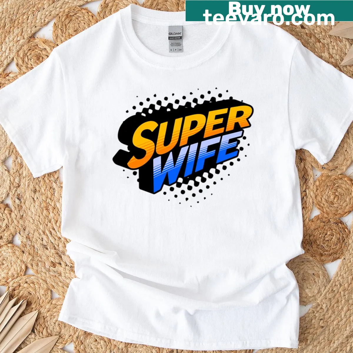 Matching couples t-shirt with the text 'Super Wife' — on a men's t-shirt