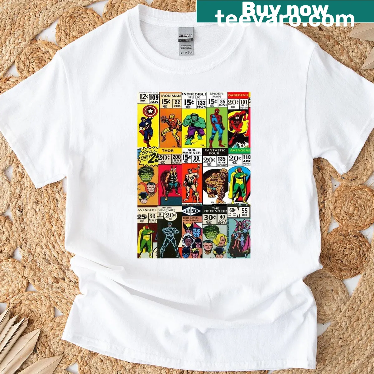 Illustrative superhero design featuring heroes in city corners. — on a men's t-shirt