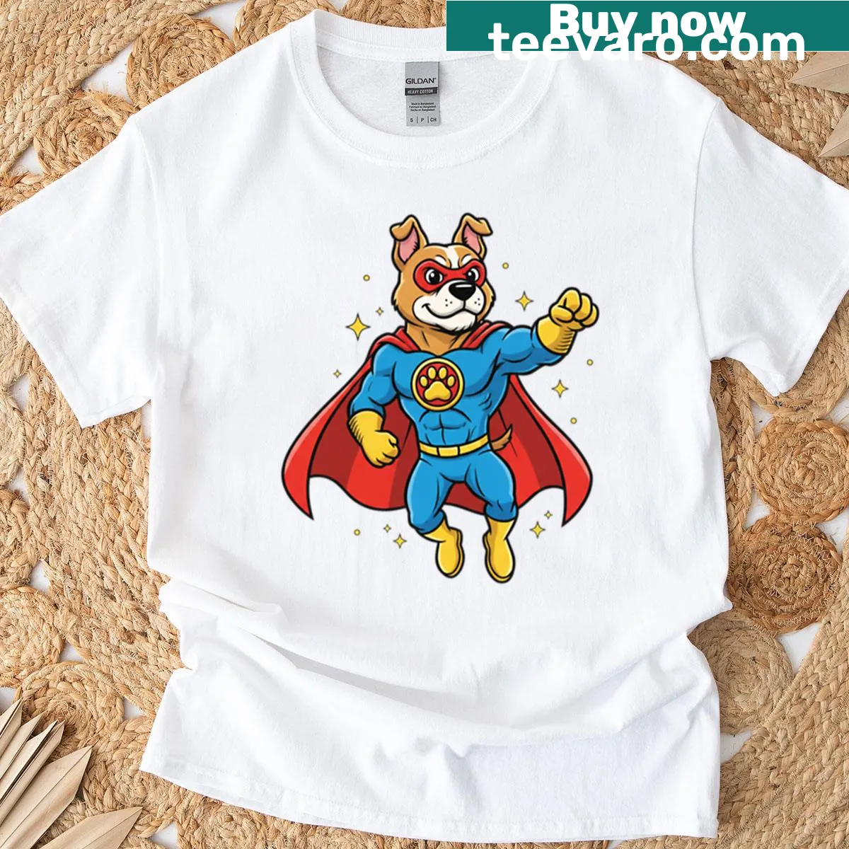 Cartoon superhero puppy t-shirt with fun graphics — on a men's t-shirt