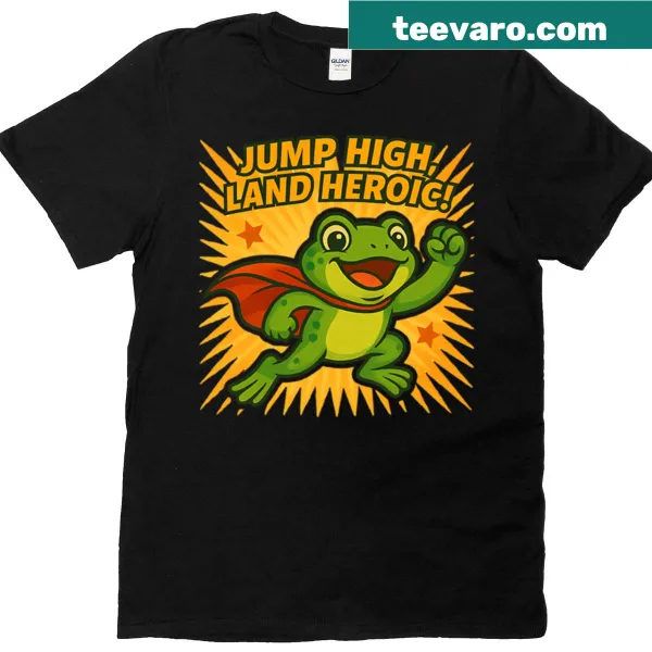 Superhero frog jumping graphic on a fun t-shirt