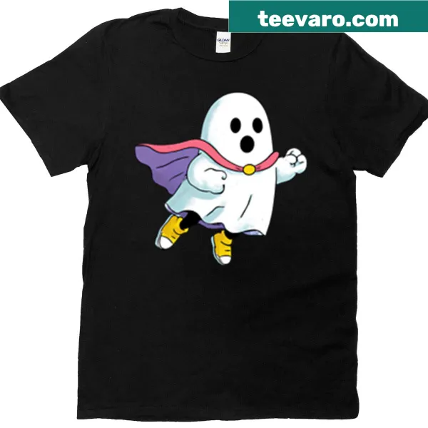 Whimsical superhero ghost T-shirt with playful design