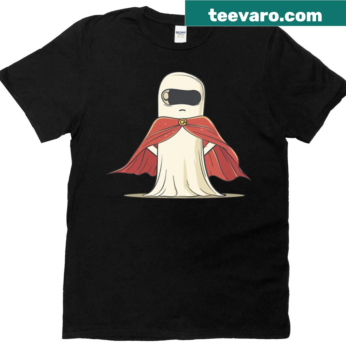 Cartoon ghost superhero in red cape illustration on T-shirt — on a men's t-shirt