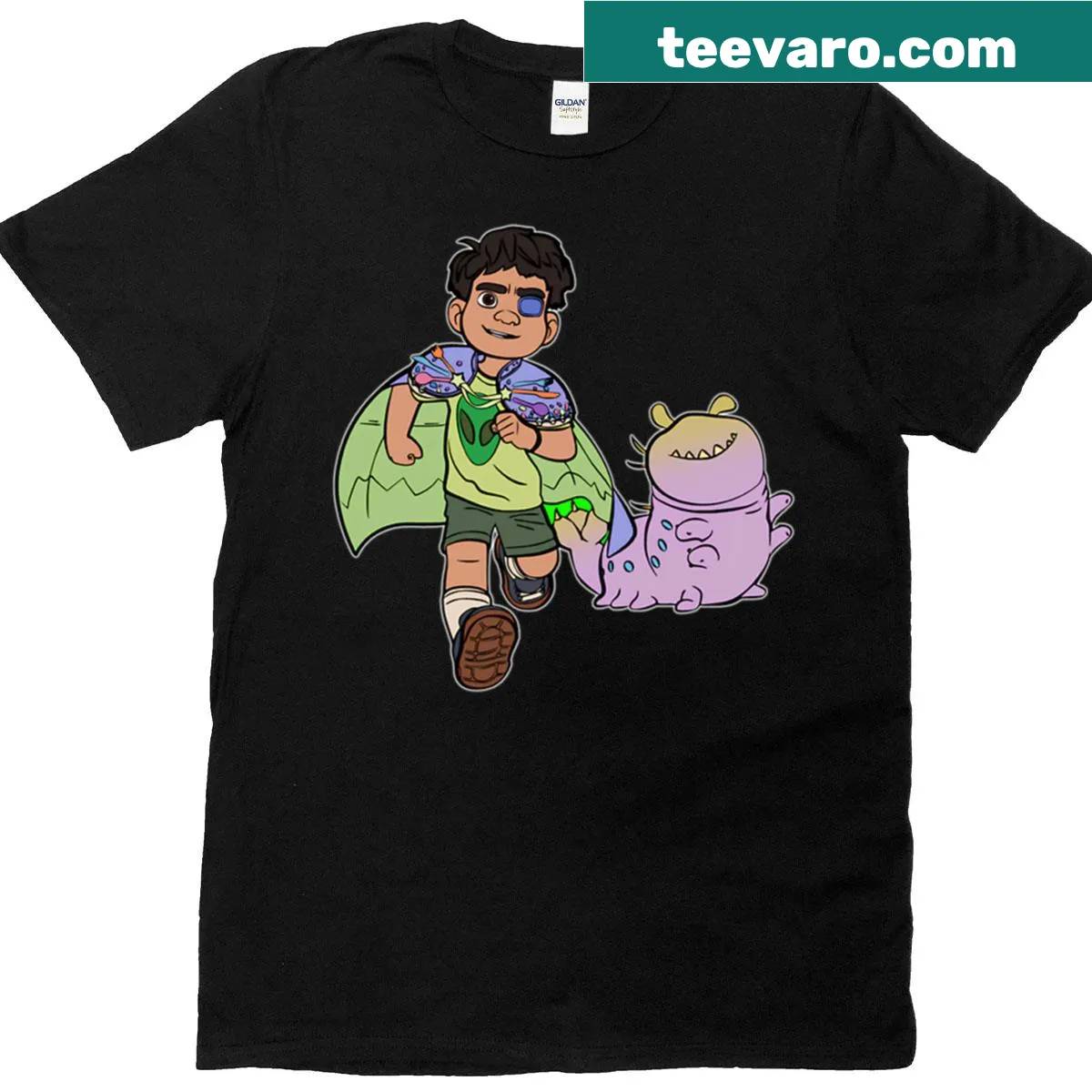 Funny T-shirt with a superhero kid and cartoon monster graphic — on a men's t-shirt