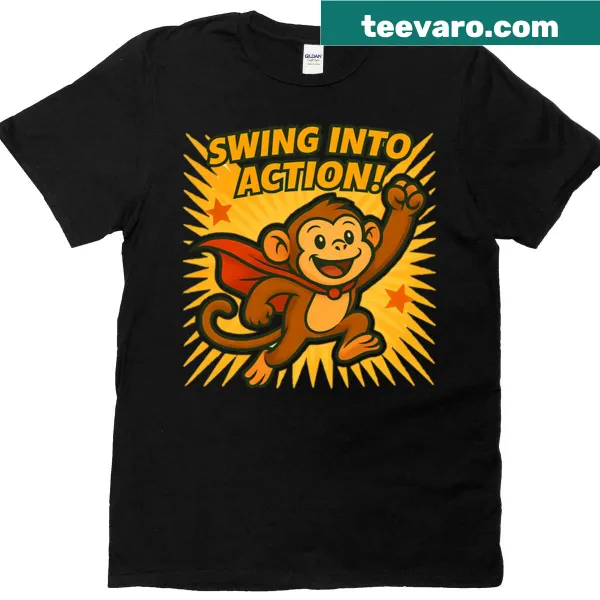 Playful superhero monkey T-shirt with action-filled design