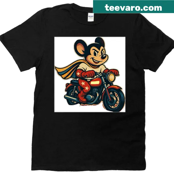Superhero mouse riding a motorcycle graphic on an oversized t-shirt