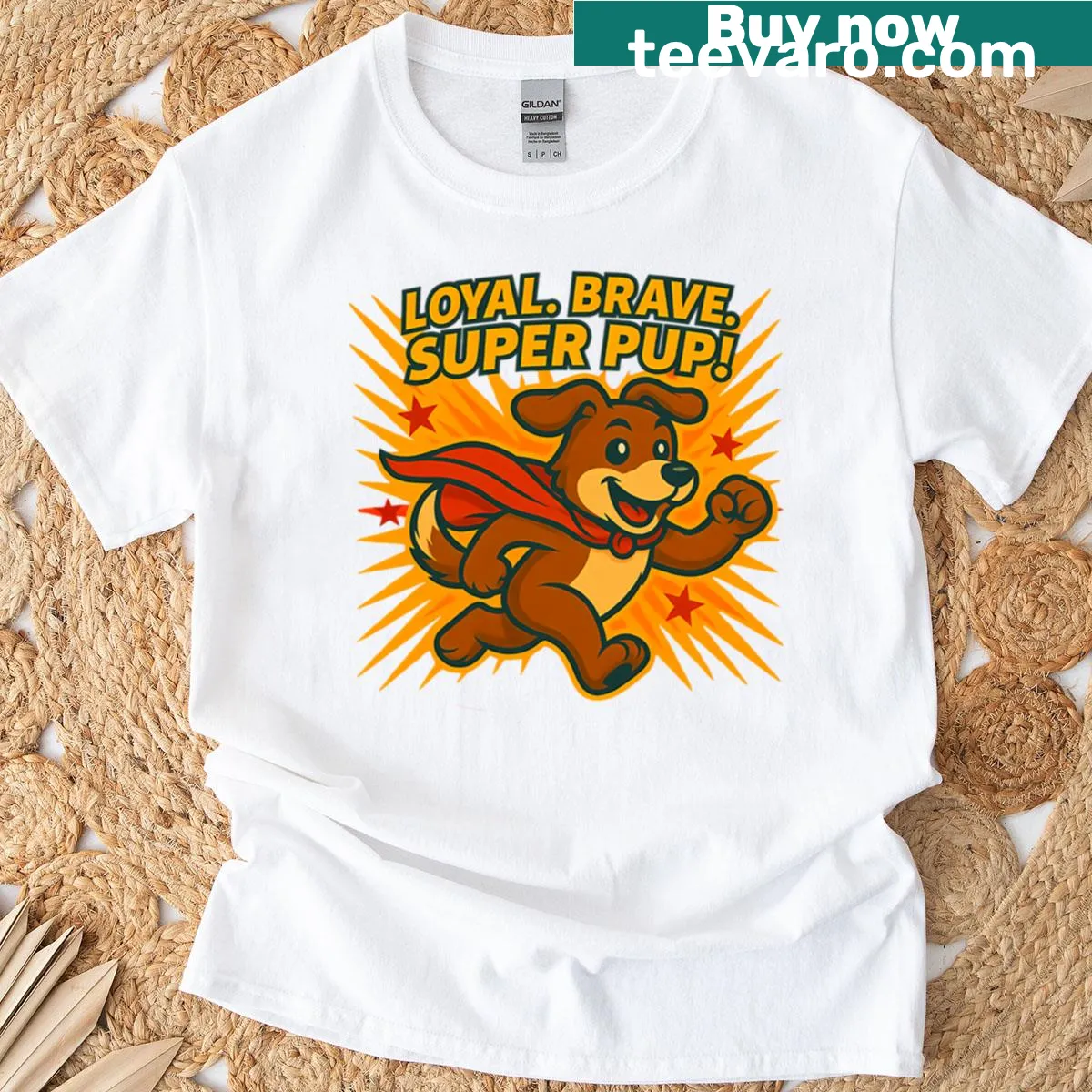 Cartoon superhero puppy graphic T-shirt for dog lovers — on a men's t-shirt