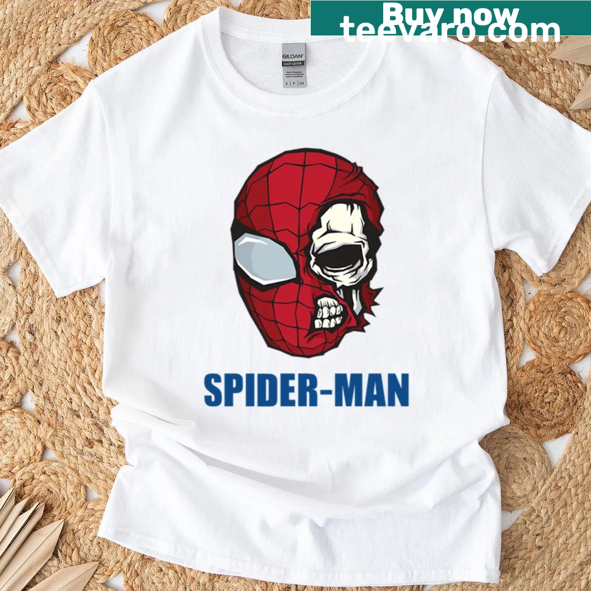 Skull mask superhero graphic t-shirt in comic art style — on a men's t-shirt