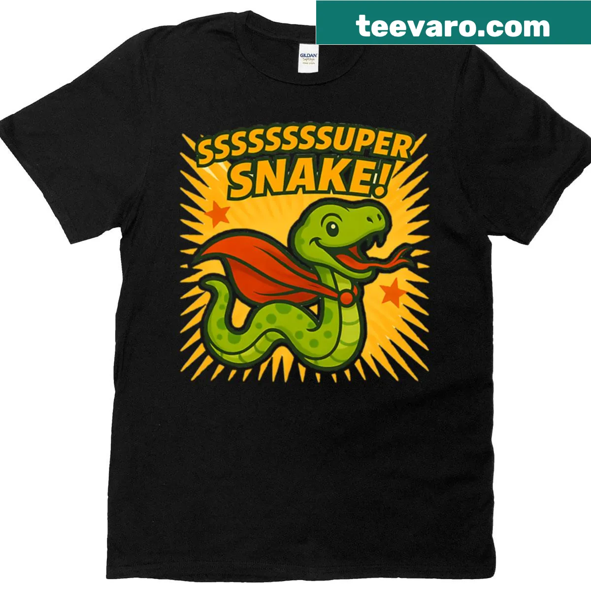 Cartoon superhero snake T-shirt with a whimsical design — on a men's t-shirt