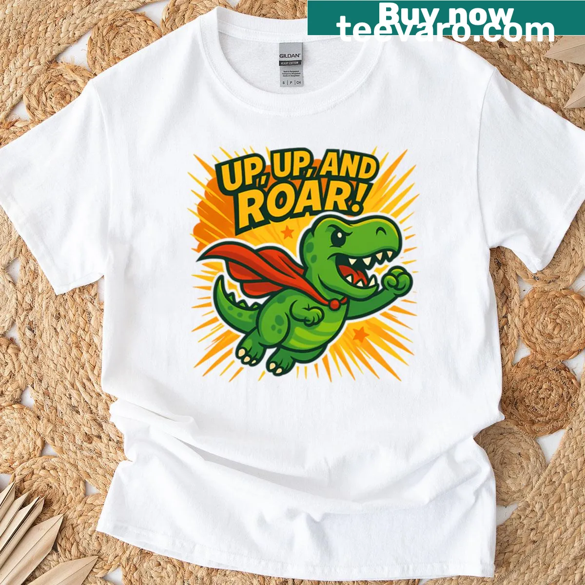 Cartoon T-rex superhero t-shirt for kids — on a men's t-shirt