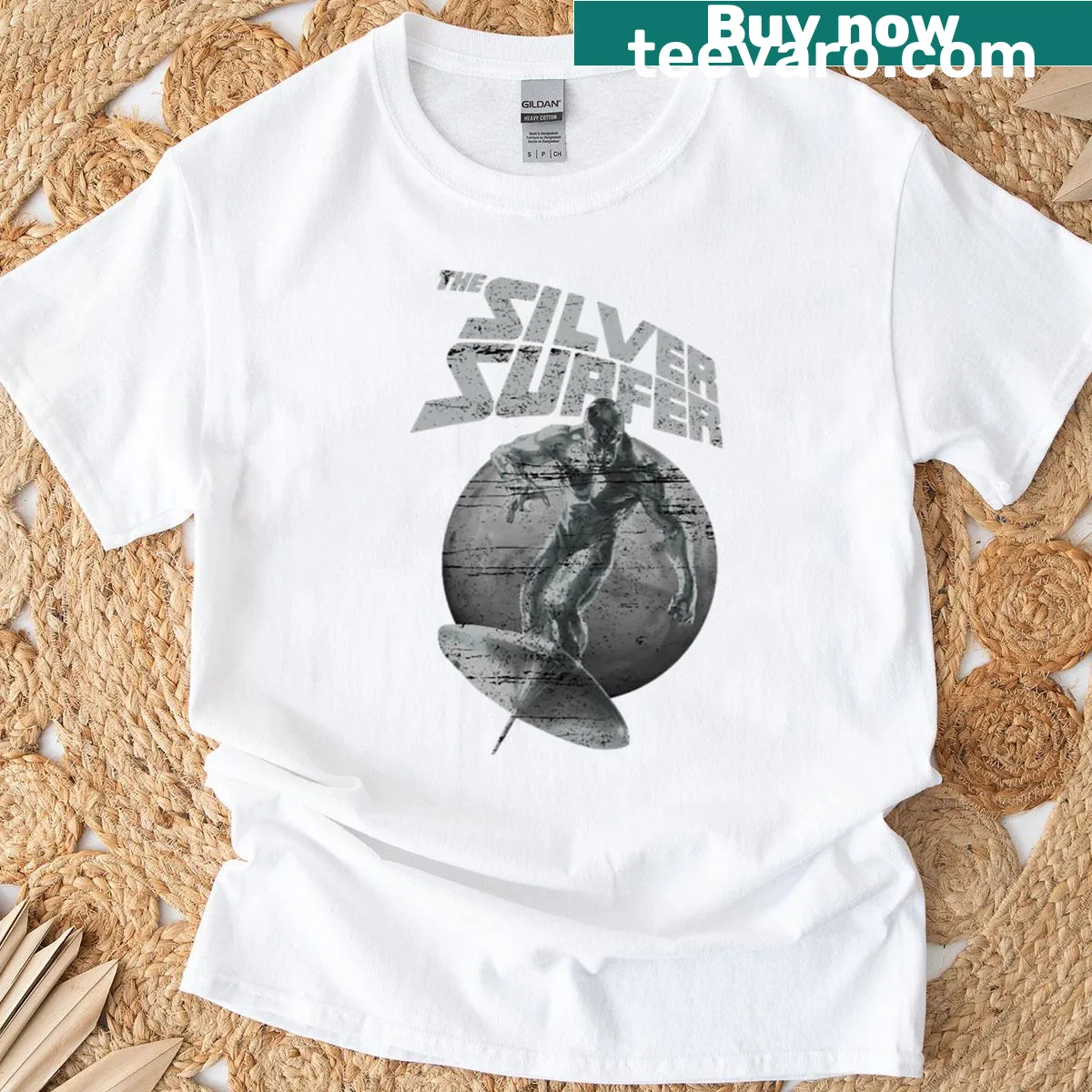 Retro-inspired silver graphic t-shirt with vintage style — on a men's t-shirt