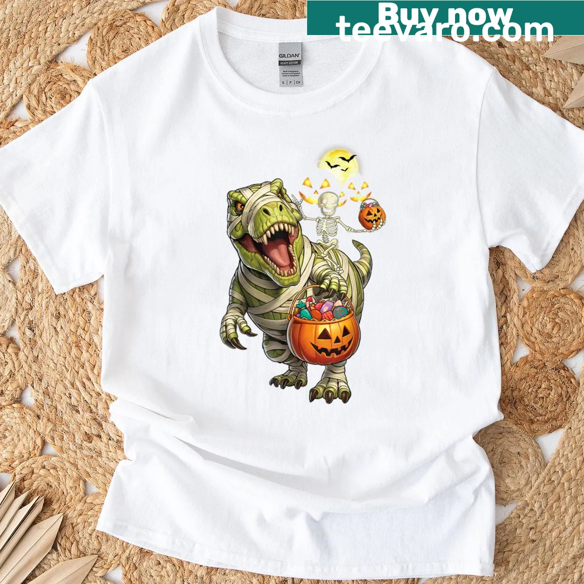 T-Rex skeleton riding a mummy dinosaur for Halloween — on a men's t-shirt