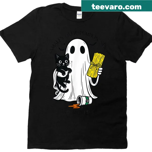 Sarcastic Halloween shirt featuring text about tamales and pumpkin spice