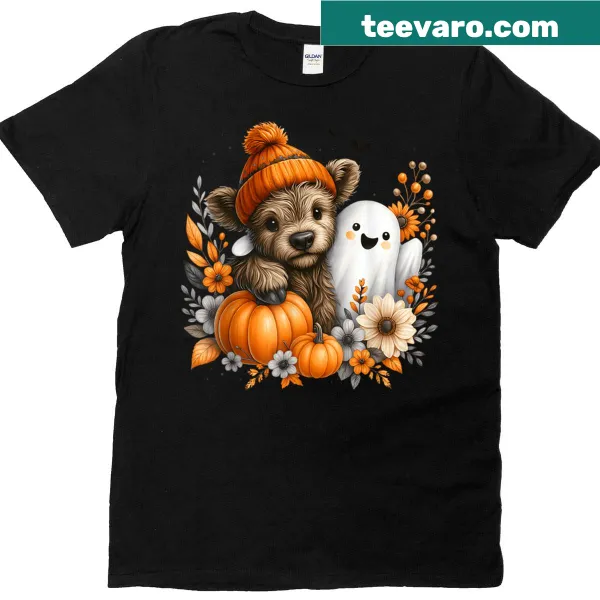 Highland cow dressed as a ghost graphic on a festive t-shirt