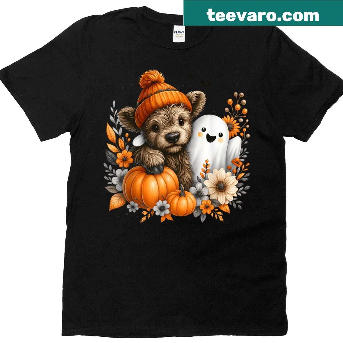 Highland cow dressed as a ghost graphic on a festive t-shirt — on a men's t-shirt