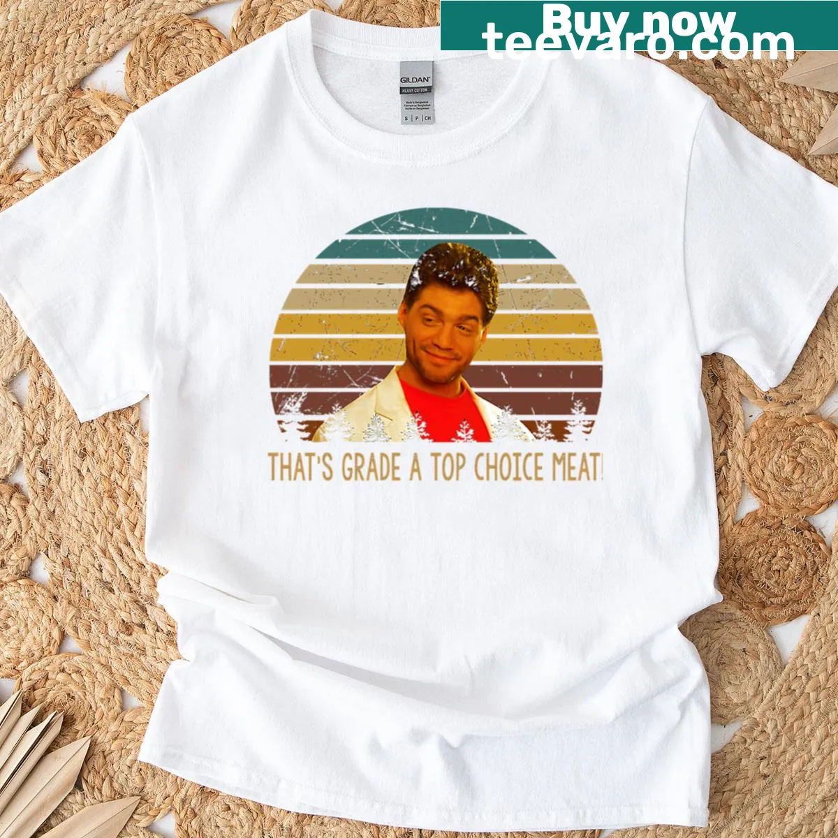 Funny t-shirt featuring Glenn Guglia character and meat saying — on a men's t-shirt