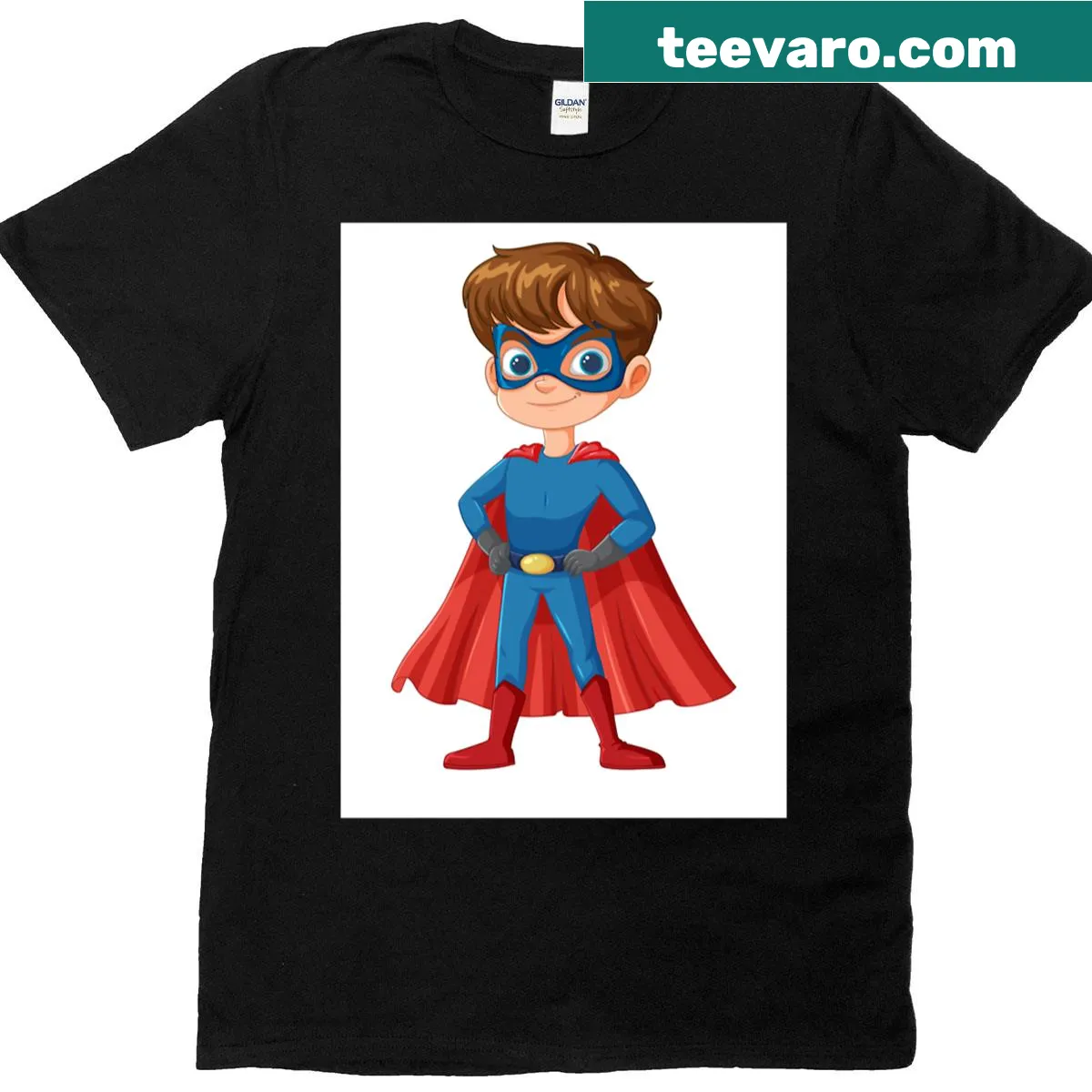 Dynamic illustration of a brave young hero with superpowers — on a men's t-shirt
