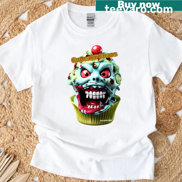 Cartoon cupcake creature graphic on a T-shirt
