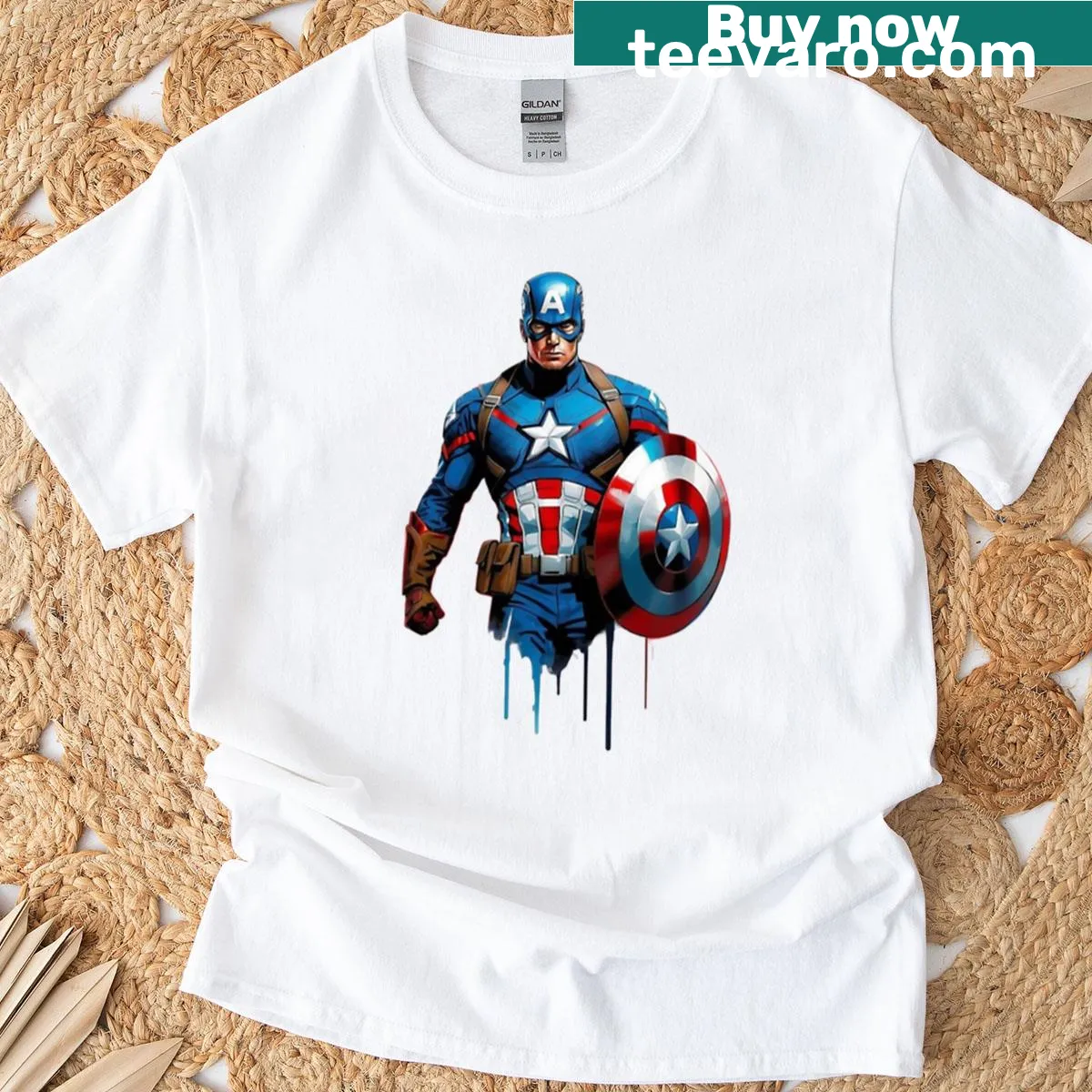 Illustrated T-shirt featuring a super-soldier theme — on a men's t-shirt