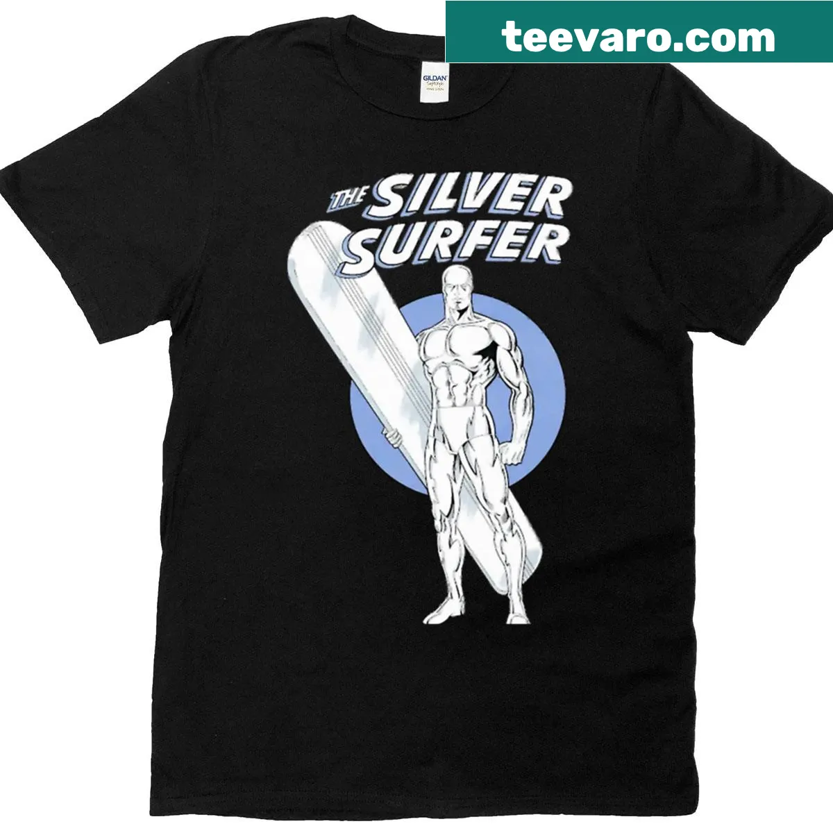 Illustration of the Silver Surfer from comics on a T-shirt — on a men's t-shirt