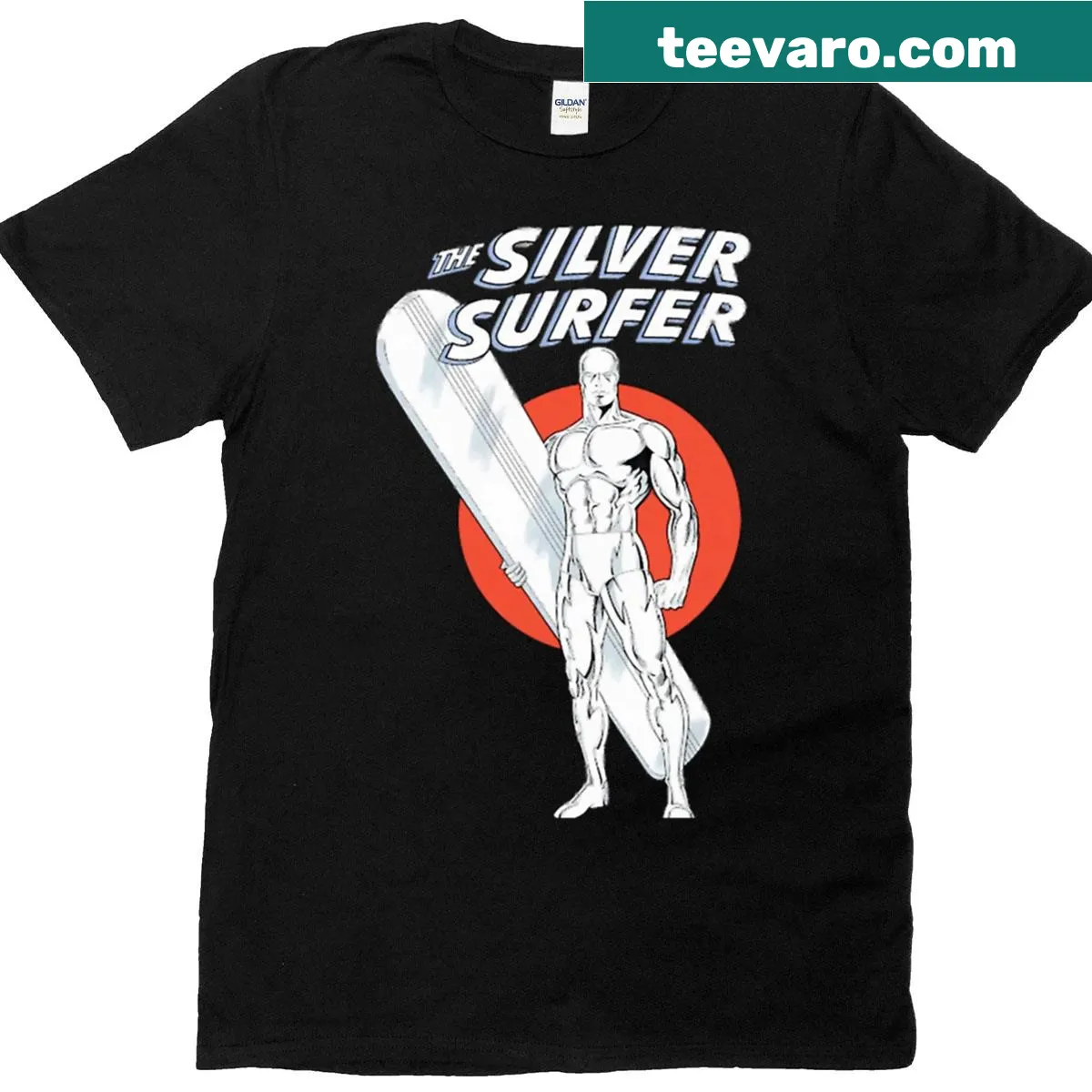 Illustration of the Silver Surfer on a bold T-shirt design — on a men's t-shirt