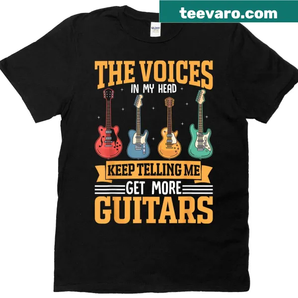 Funny guitar-themed T-shirt with text about getting more guitars