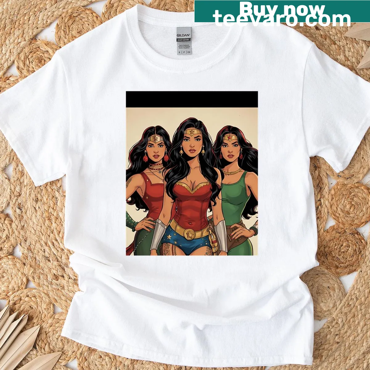 Illustration of three warrior goddesses on a graphic t-shirt — on a men's t-shirt
