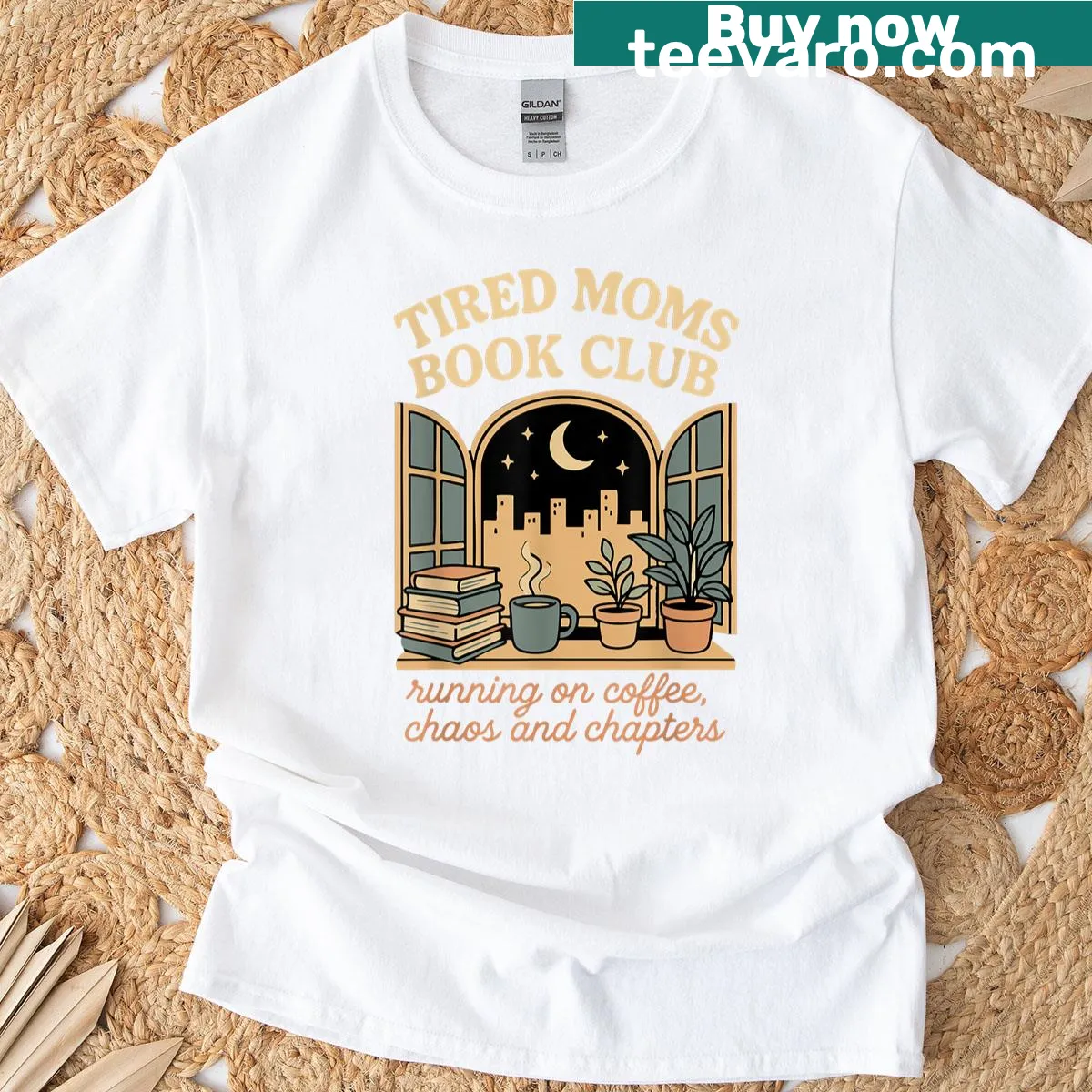 Playful T-shirt featuring 'Tired Moms Book Club' typography design — on a men's t-shirt