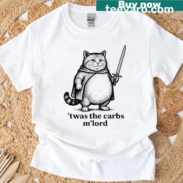 Humorous medieval cat-themed T-shirt with funny text
