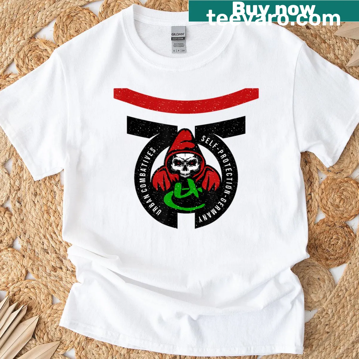 Self-protection themed T-shirt with bold typography — on a men's t-shirt