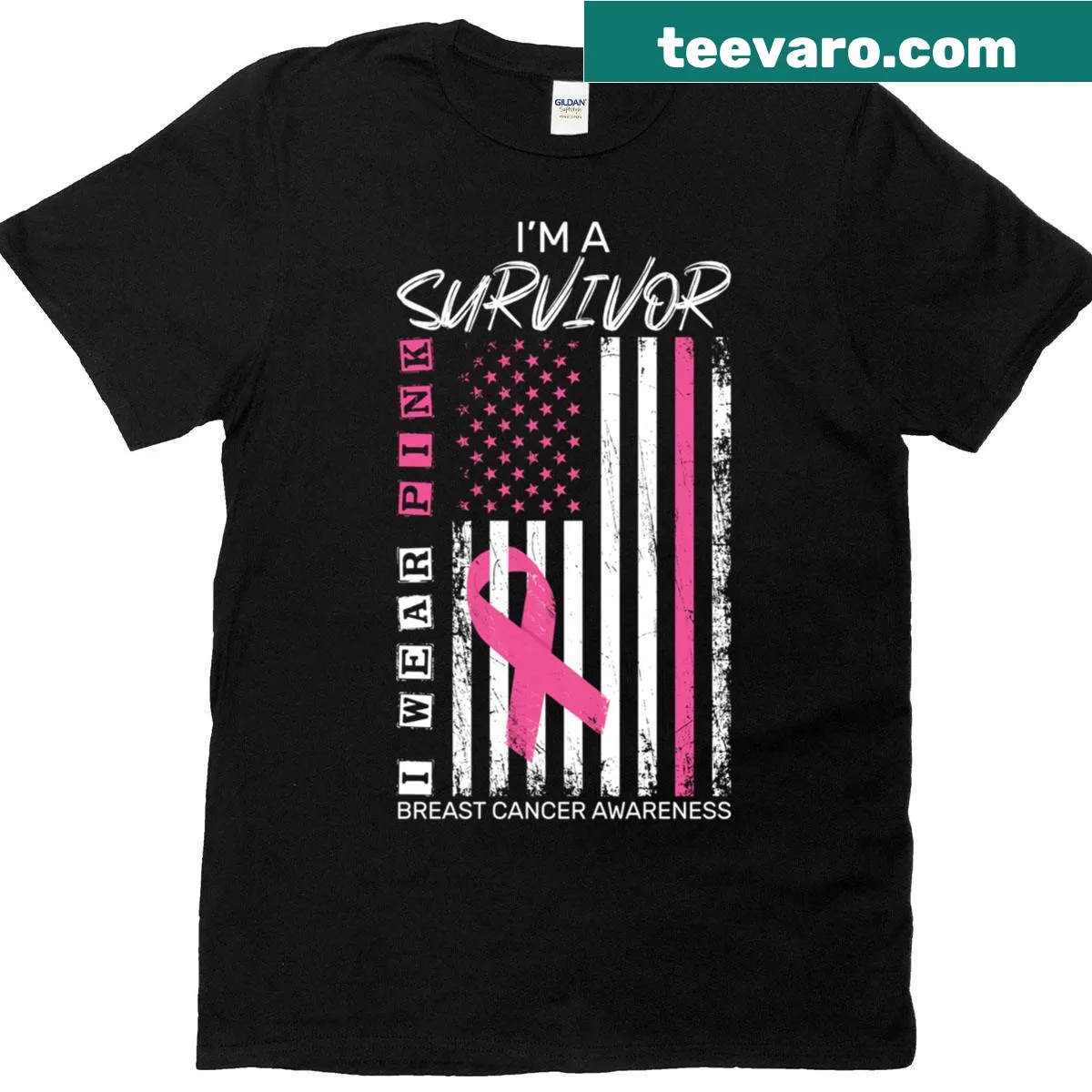 T-shirt featuring USA flag and breast cancer awareness pink ribbon — on a men's t-shirt