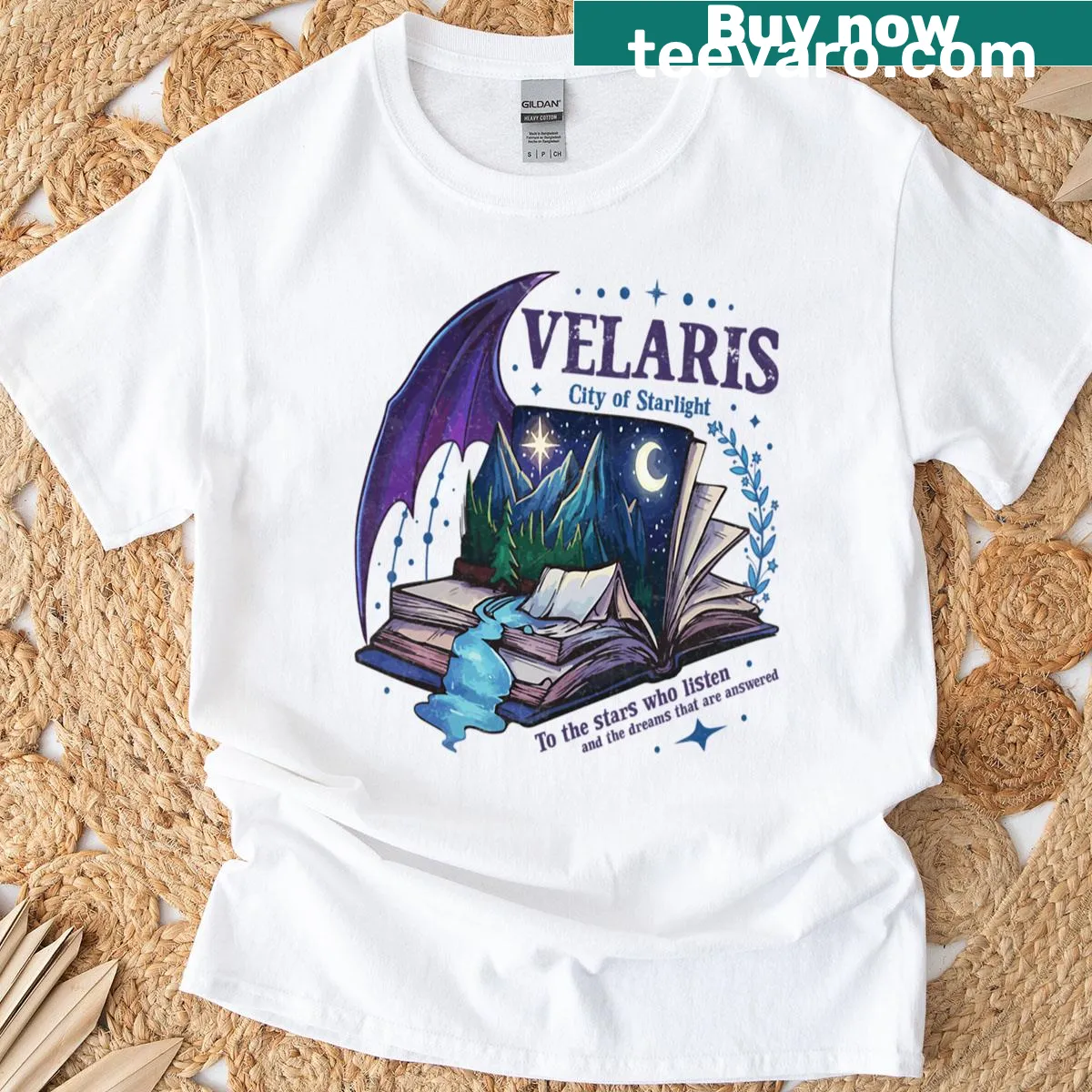 Illustrated Velaris Night Court T-shirt with celestial motifs — on a men's t-shirt