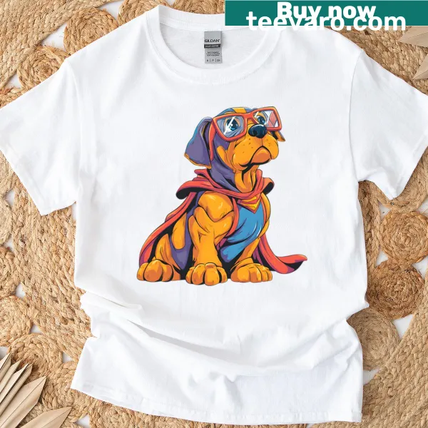Comic-style T-shirt featuring a superhero puppy with oversized glasses.