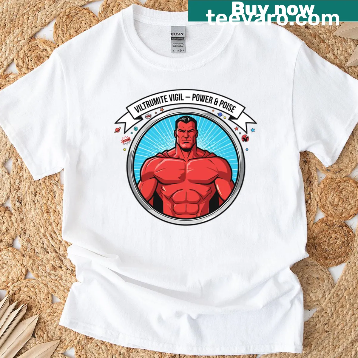 Oversized T-shirt featuring the Viltrumite Vigil emblem. — on a men's t-shirt