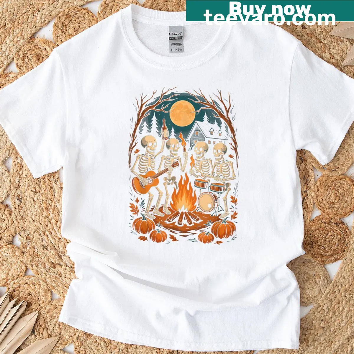 Vintage design of a ghost and skeleton by a campfire. — on a men's t-shirt