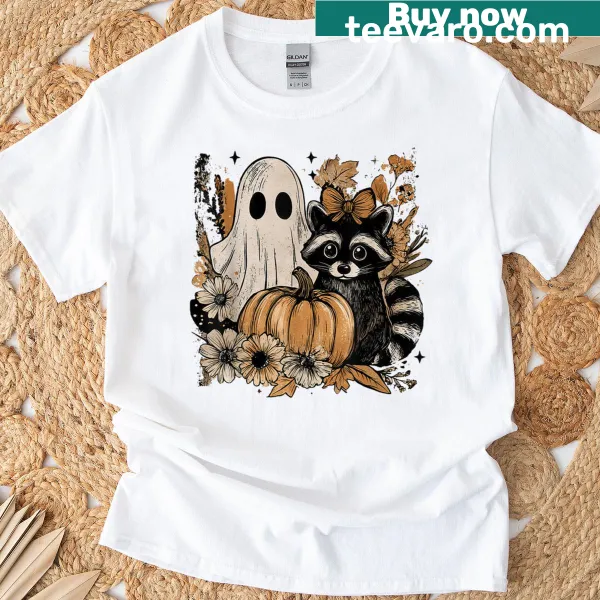 A cute Halloween graphic with a ghost holding a raccoon and floral designs.