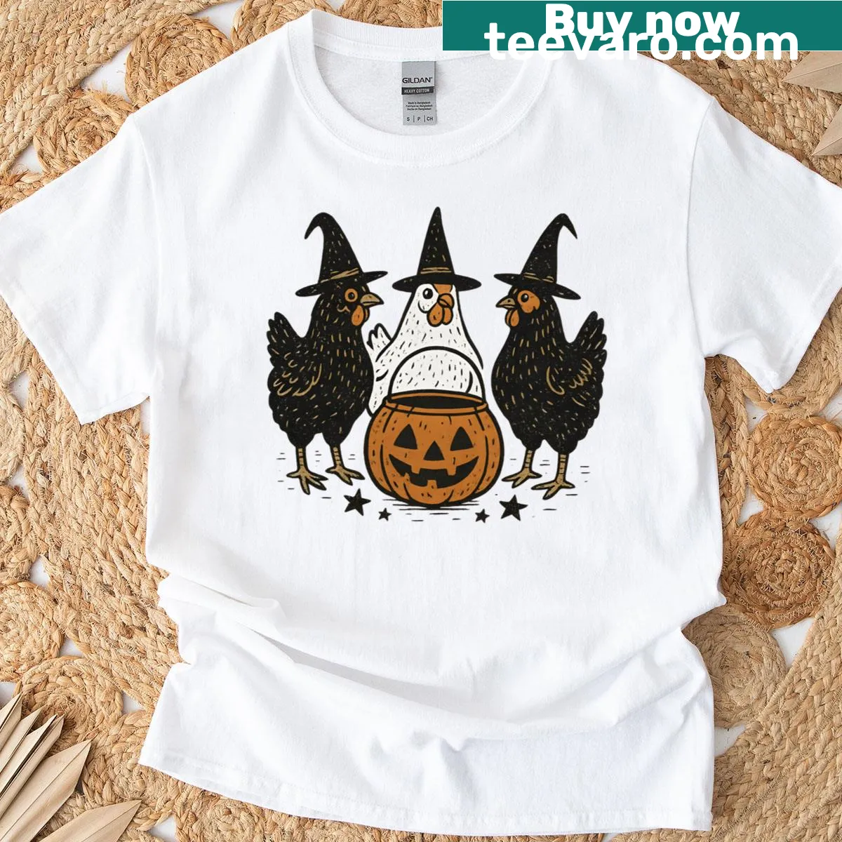 Cartoon design of mummy, chicken witch, and pumpkin for Halloween — on a men's t-shirt