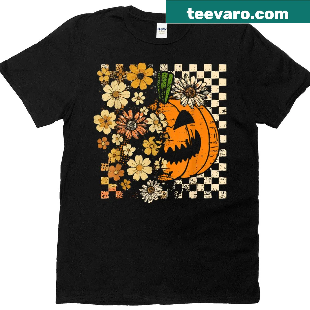Vintage pumpkin and flower graphic for Halloween and Thanksgiving — on a men's t-shirt