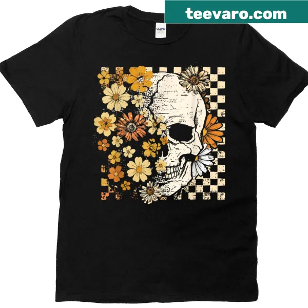 Vintage skull and flower graphic t-shirt for Halloween