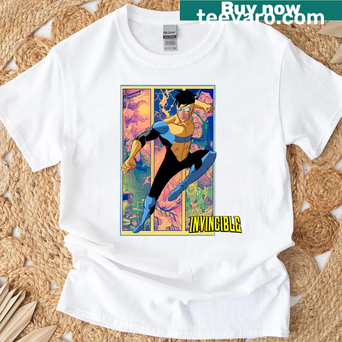Vintage superhero cartoon father and son parody T-shirt. — on a men's t-shirt