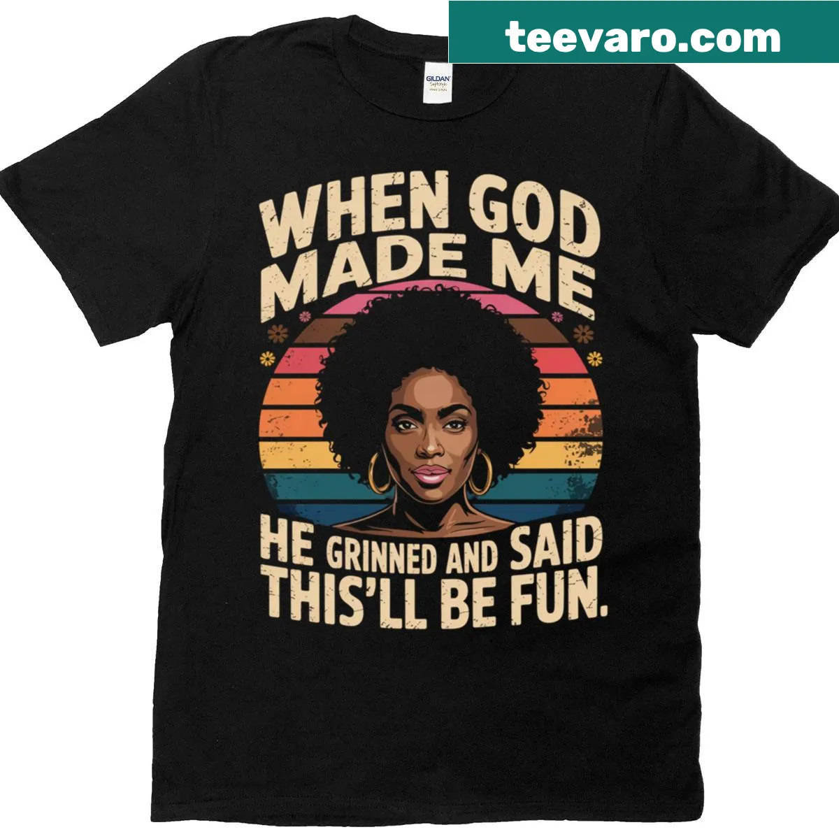 Sarcastic T-shirt with text: When God made me, He grinned. — on a men's t-shirt