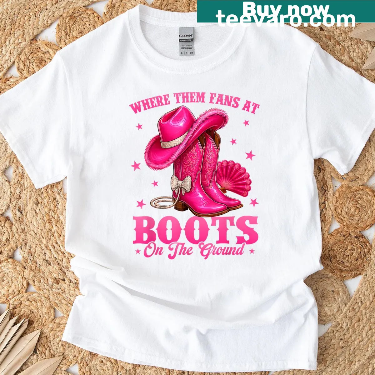 Western cowgirl T-shirt with boots graphic and playful text — on a men's t-shirt