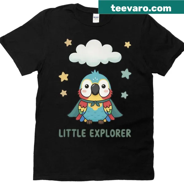 Whimsical parrot illustration on an explorer-themed T-shirt