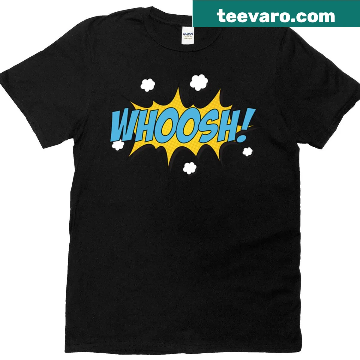 Pop art oversized t-shirt featuring the comic book sound effect 'Whoosh' — on a men's t-shirt