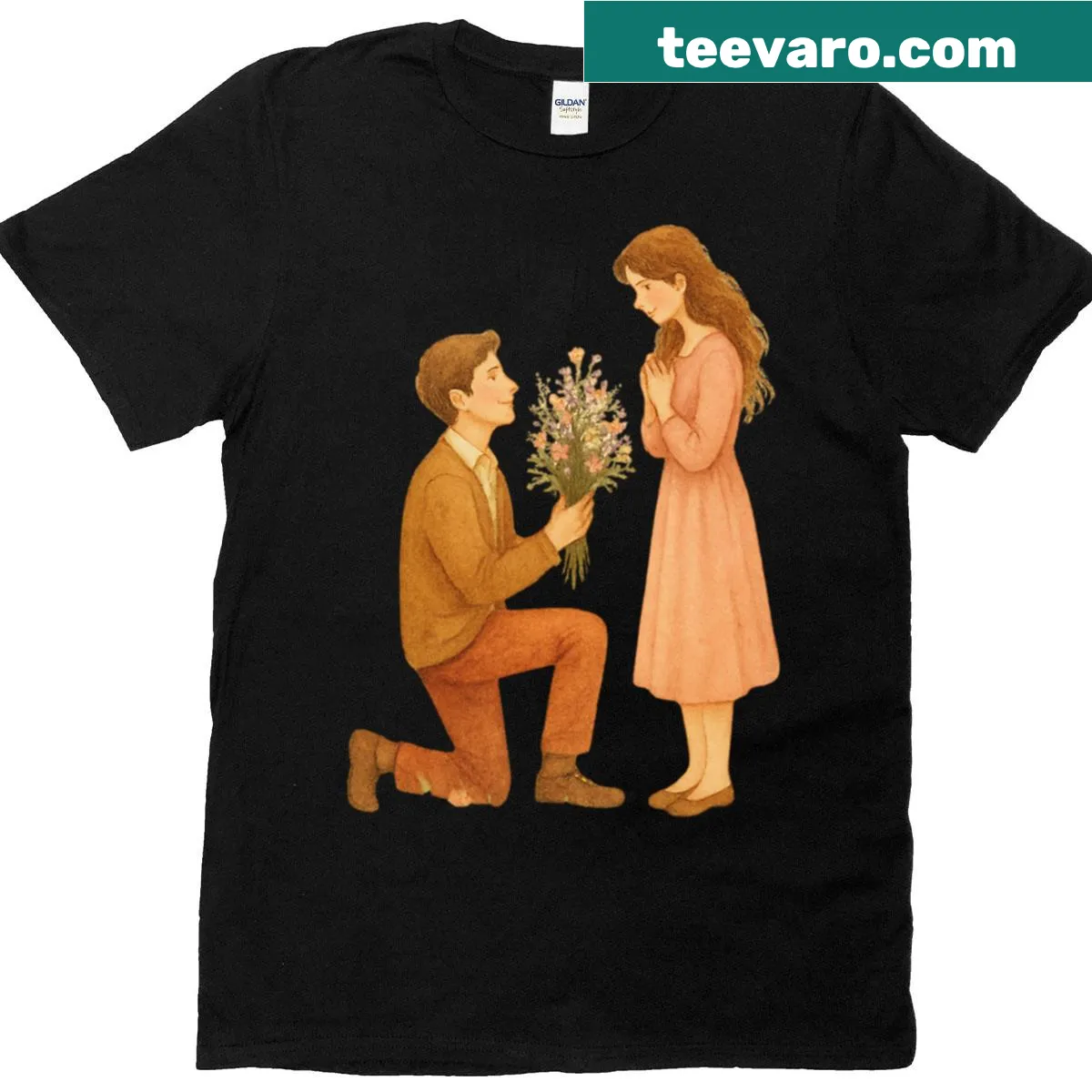 Illustrated wildflower design symbolizing blooming love. — on a men's t-shirt