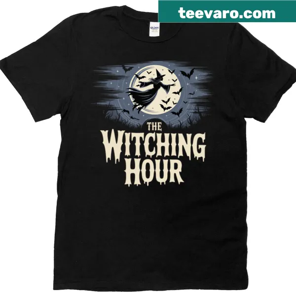 Playful witch illustration on a spooky-themed T-shirt