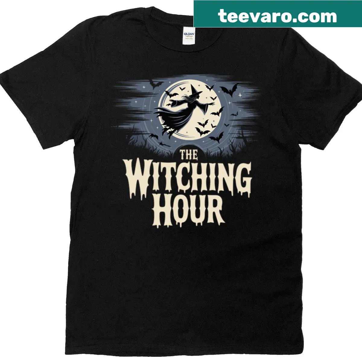 Playful witch illustration on a spooky-themed T-shirt — on a men's t-shirt