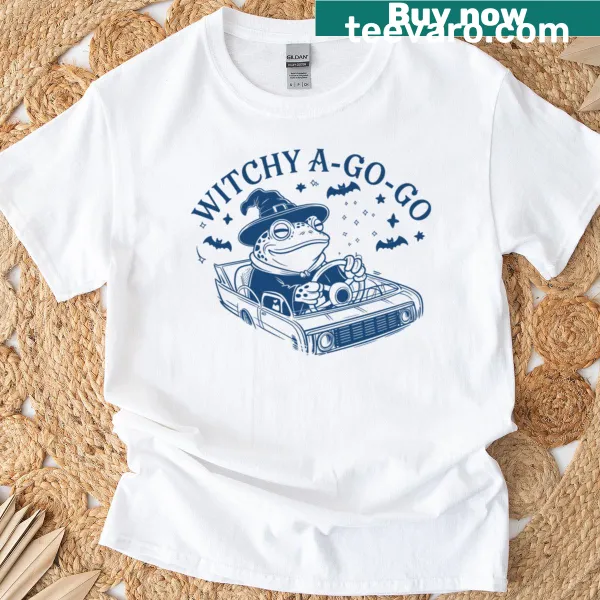 Frog driving a magical car in a whimsical witch design